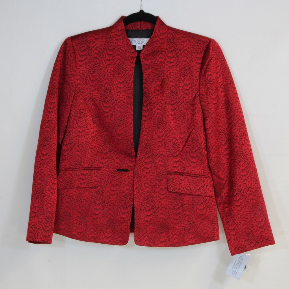 Kasper Petite Collarless Women's Red & Black Crepe One Button Blazer